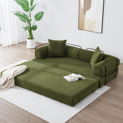 ZEIINPA Convertible Sleeper Sofa Bed with Cylindrical Pillow, Corduroy Folding Mattress Couch with Fixed-Shape Frame, Floor Sofa Lounge Couch for Living Room Bedroom Lounge Studio-Green