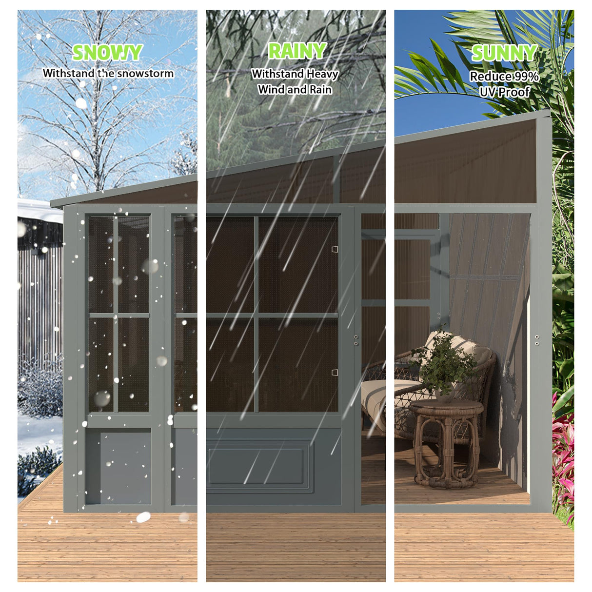 EROMMY 10' x 16' Sunroom, Wall Mounted Gazebo Solarium with Aluminum Frame, Polycarbonate Roof, Permanent Sun Room with Sliding Doors, Lockable PC Screen Walls, Lean to Gazebo for Garden, Patio, Deck EROMMY