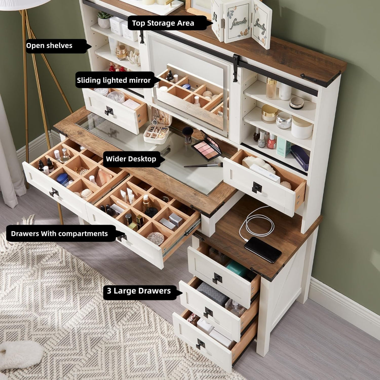 RedLemon 48'' Farmhouse Makeup Vanity Desk with Led Lighte Mirror,Modern Vanity Table with 7 Drawers & Charging Station, Glass Top Dressing Table for Bedroom (Antique White) RedLemon