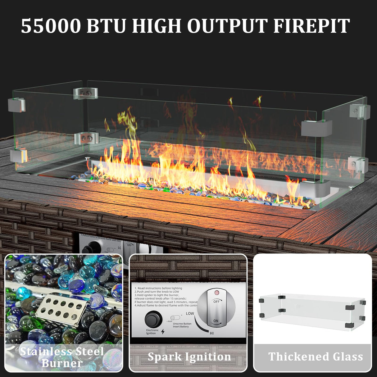 VONZOY 6 Pieces Patio Furniture Set with 44" Gas Fire Pit Table, Outdoor Sectional Conversation Sets, All-Weather Wicker Rattan Sofa w/Gas Fire Pit, Ottoman, Thick Cushion Light Blue VONZOY