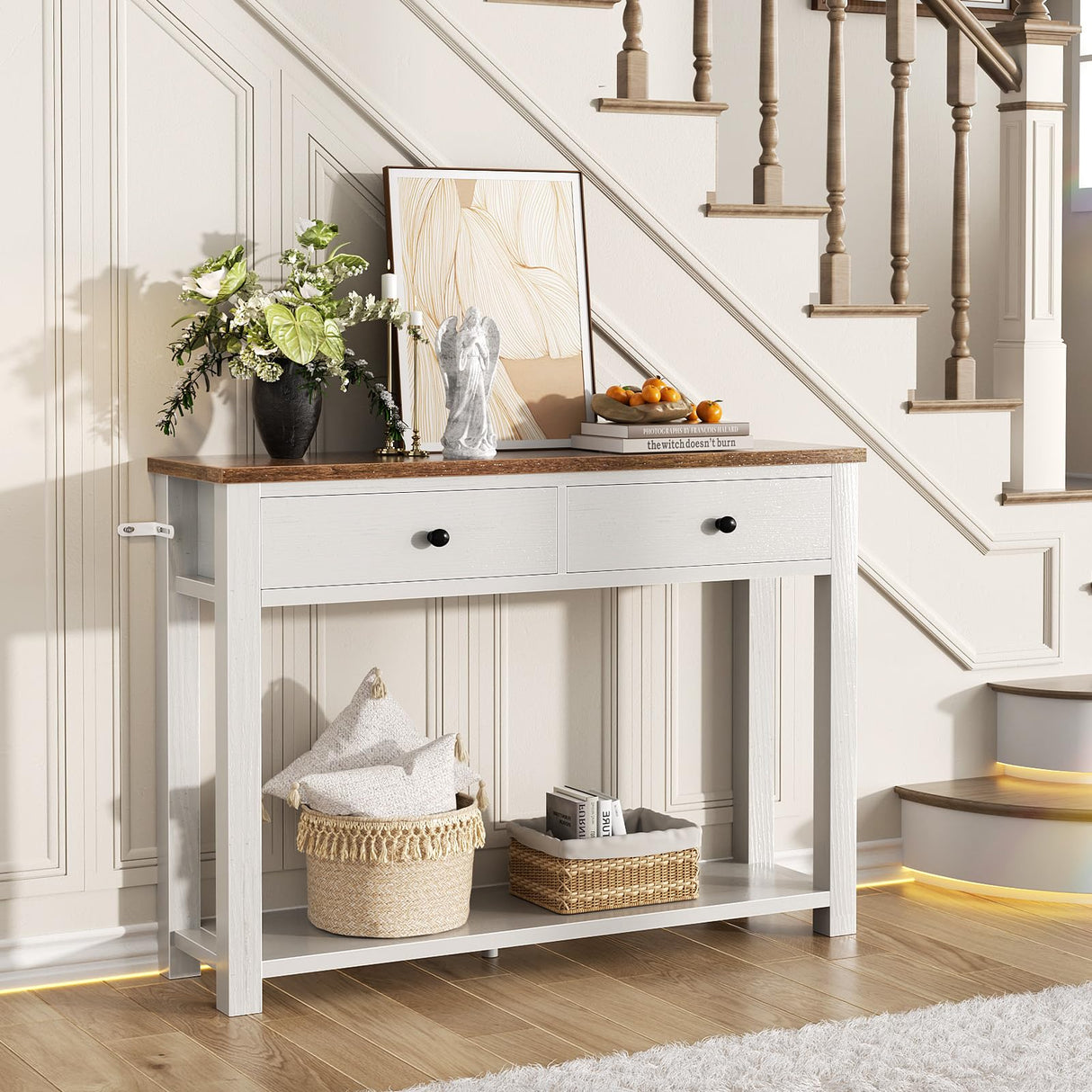 Homieasy Farmhouse Console Table with 2 Drawers, 32 Inch Small Sofa Table with Storage Shelf for Living Room, Behind Couch, Entryway Table for Hallway, Living Room, or Foyer, Rustic Brown and White Homieasy