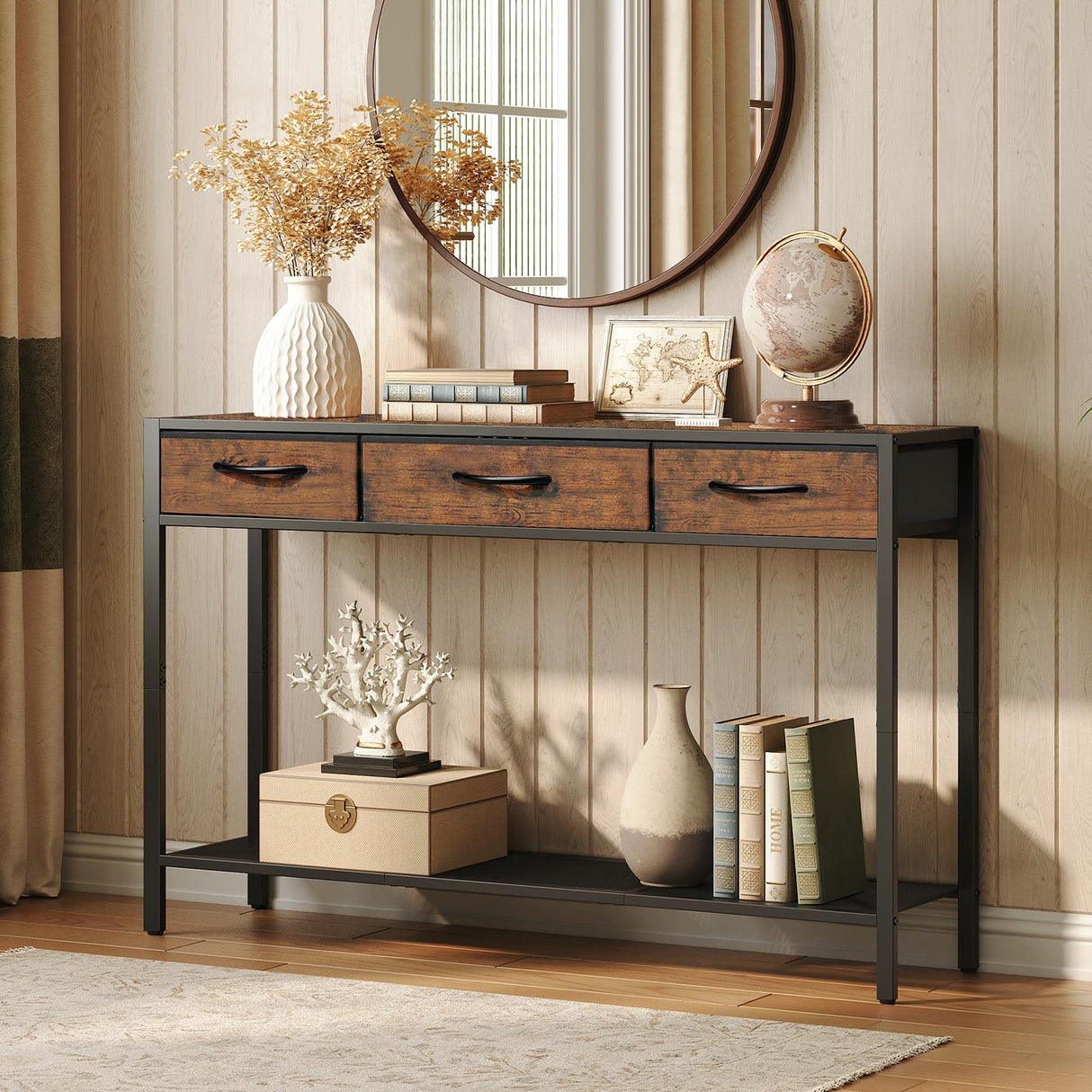MAHANCRIS Console Table with Drawer, Industrial Entryway Table with Storage, Narrow Sofa Foyer Table for Living Room, Entrance, Hallway, Couch, Corridor, Rustic Brown and Black CTHR23301 MAHANCRIS