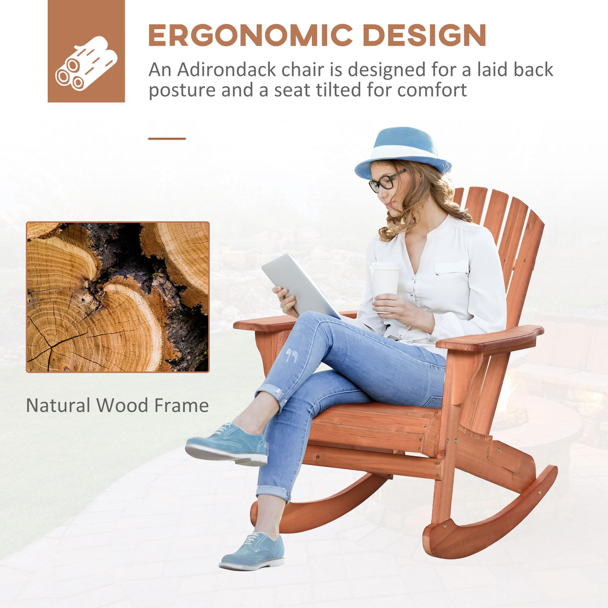 Outsunny Wooden Adirondack Rocking Chair Outdoor Lounge Chair Fire Pit Seating with Slatted Wooden Design, Fanned Back, & Classic Rustic Style for Patio, Backyard, Garden, Lawn, Teak Outsunny