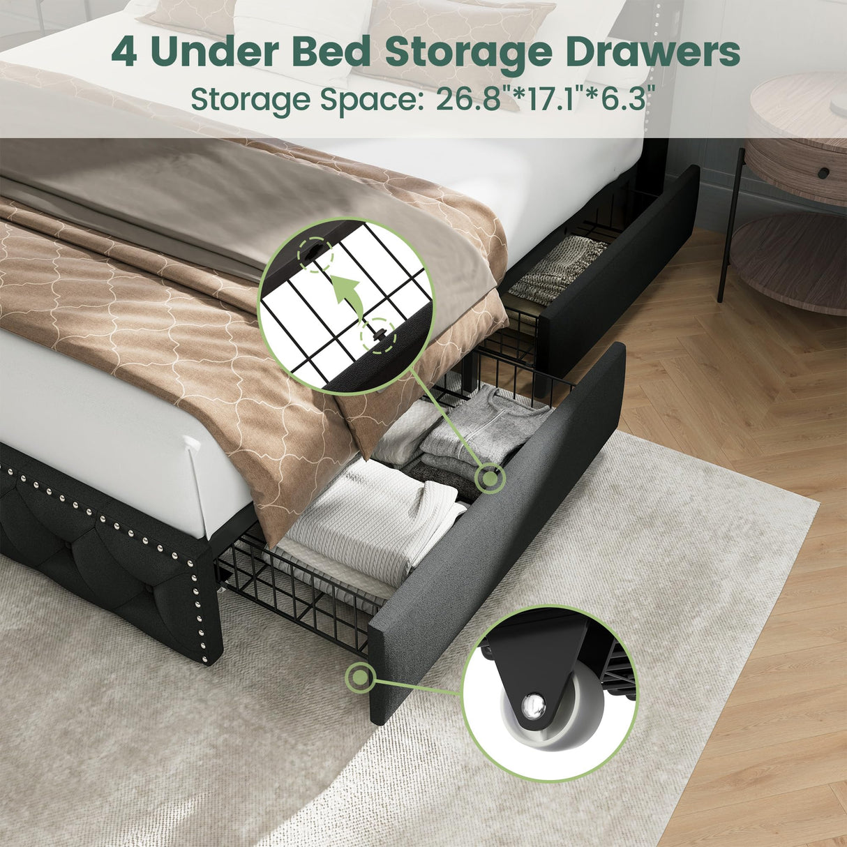 LARMACE King Size Bed Frame with LED Lights & USB Charging Station, Velvet Upholstered Platform Bed with Storage Headboard and 4 Drawers, No Box Spring Needed, Easy Assembly (Black, King) LARMACE