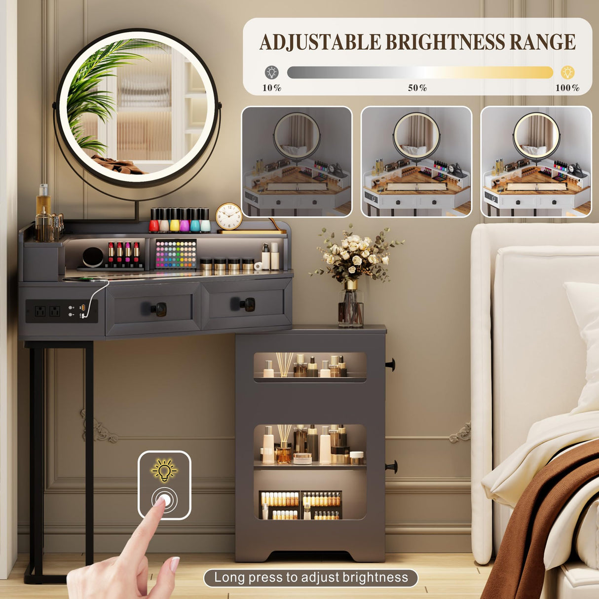 Corner Vanity with Mirror and Lights,Modern Makeup Vanity with Charging Station for Bedroom/Cloakroom,Glass Top Vanity Desk with Drawers and Shelves,Grey Dystler