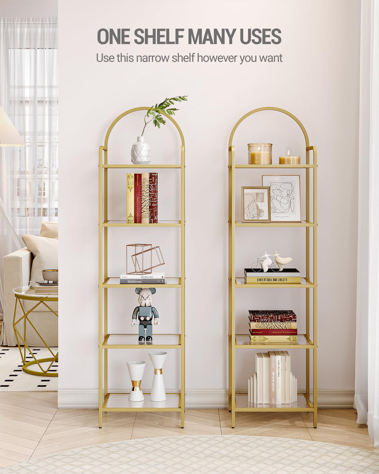Hzuaneri Bookcase Bookshelf, Tempered Glass Bookshelves, Slim Shelving Unit for Bedroom, Bathroom, Home Office, Steel Frame, 5 Tier Gold BC05001G Hzuaneri