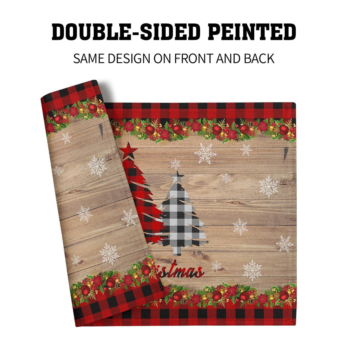 Merry Christmas Placemats Set of 4 18" x 12", Winter Xmas Tree Snowflake Red Plaid Table Mats Heat-Resisting Non Slip Reversible Burlap Coffee Place Mats for Party Dining Table Kitchen Decor Sweetshow