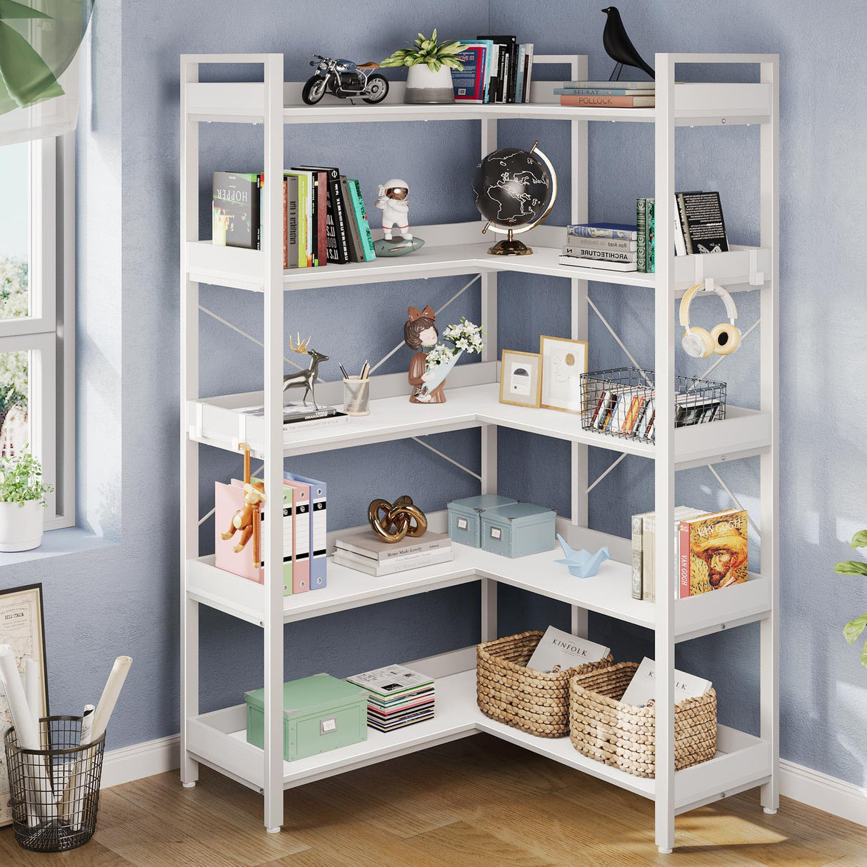 Rolanstar Bookshelf 5 Tier with 4 Hooks, Reversible Corner Bookshelf, 65" Industrial Wooden Bookcase with Open Shelves and Metal Frame for Living Room, Bedroom, Home Office, White Rolanstar