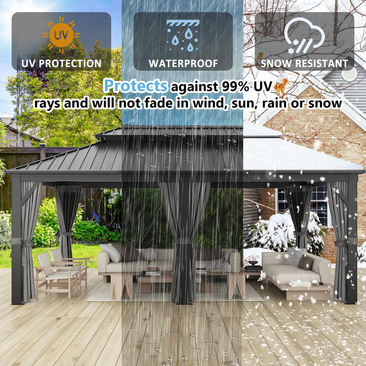 Aoxun Hardtop Gazebo 12FT X 20FT, Galvanized Steel Double Top, Aluminum Metal Gazebo with Netting and Curtains, Permanent Gazebo Pavilion for Outdoor Dining, Wedding, Party Aoxun