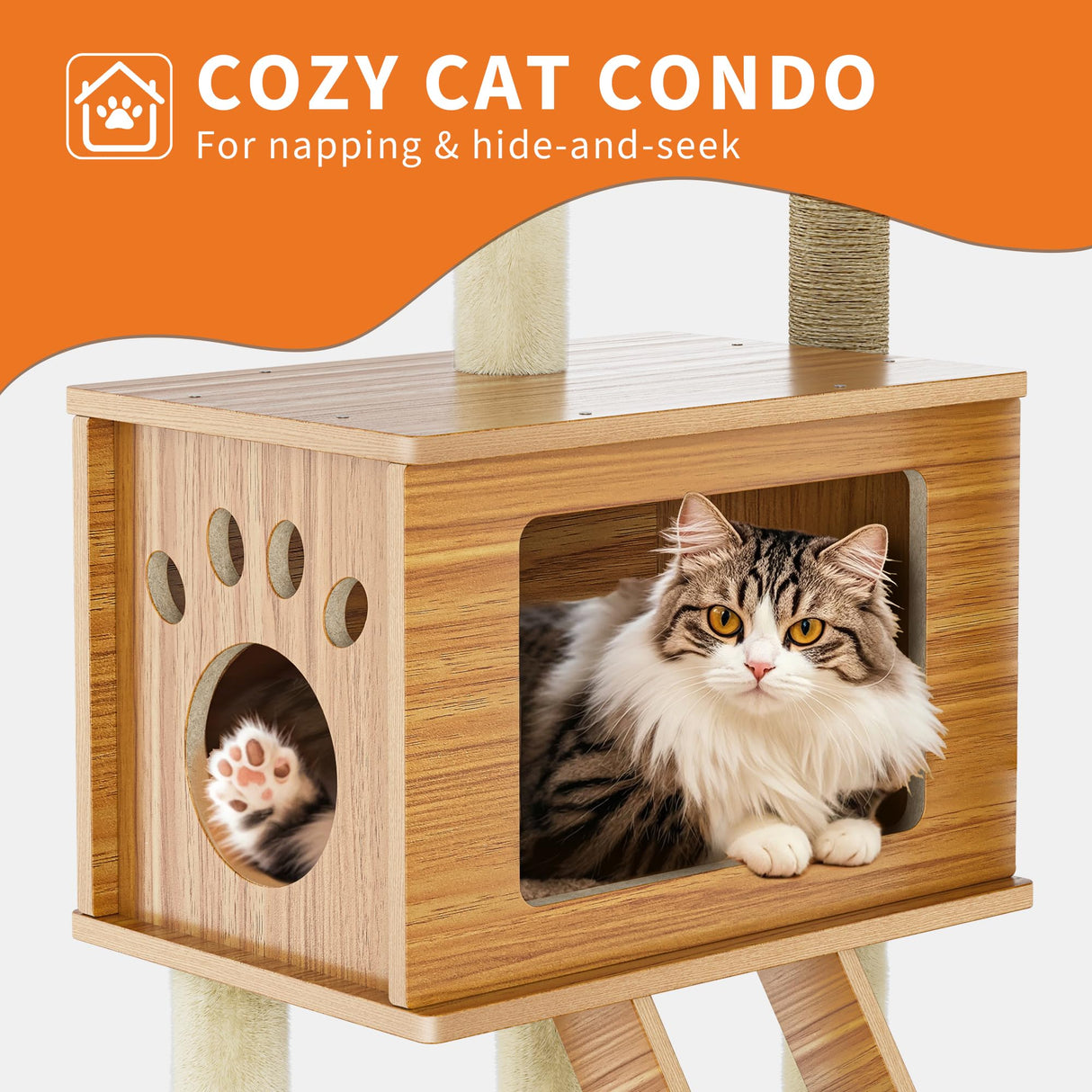 55'' Wood Cat Tree Modern Multi-Level Cat Tree Tower for Indoor Small & Large Cats with 2 Space Capsules Sisal Scratching Post Wooden Cat Condo Plush Top Perch and Dangling Toy Balls OUTGOODS