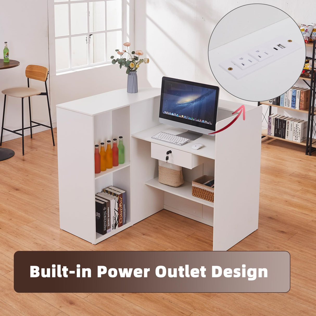 Zethvax Retail Counter,L Shaped Reception Desk for Retail Stores,Modern Checkout Counter with Storage Cabinet, Lockable Drawer, Display Shelves & Built-in Power Outlets Zethvax