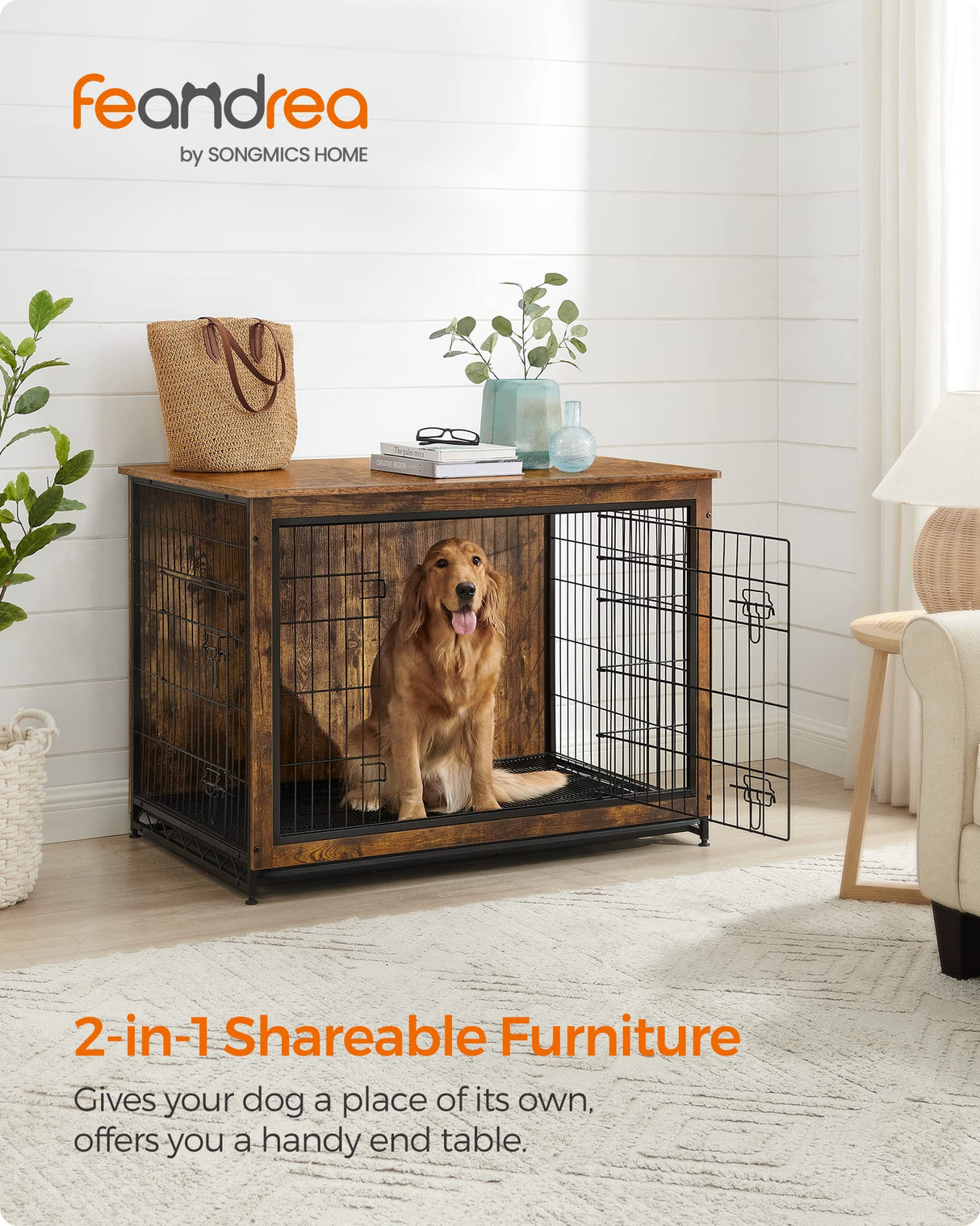 Feandrea Dog Crate Furniture, Side End Table, Modern Kennel for Dogs Indoor up to 80 lb, Heavy-Duty Dog Cage with Multi-Purpose Removable Tray, Double-Door Dog House, Rustic Brown UPFC004X01 Feandrea
