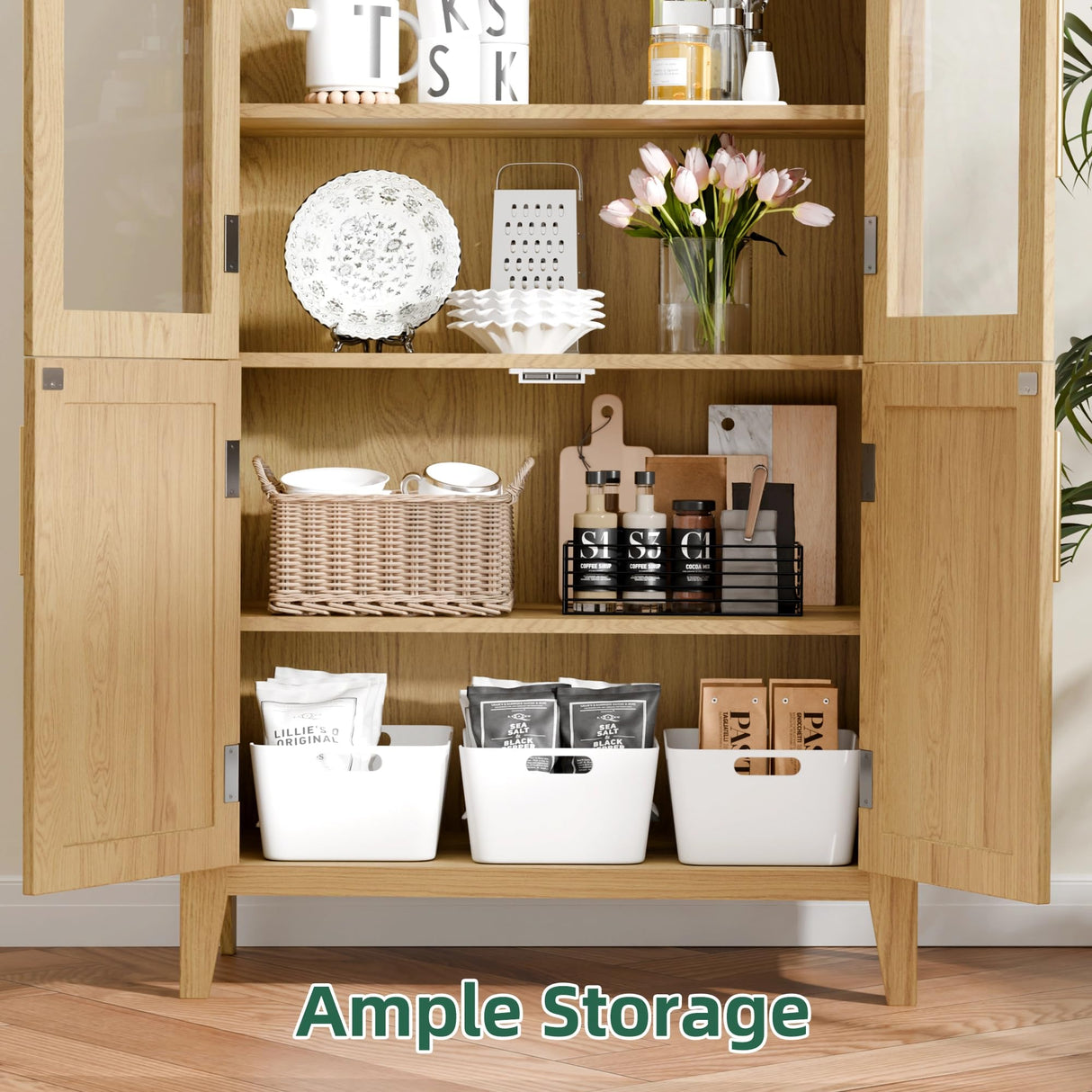 TRUNBACK 63" Arched Storage Cabinet, 5-Tier Modern Farmhouse Kitchen Pantry Cabinet with Glass & Rattan Doors, Adjustable Shelf for Living Room, Dining Room, or Office, Oak TRUNBACK