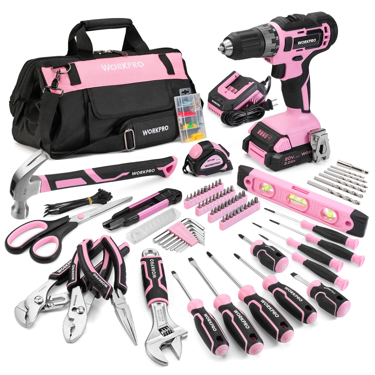 WORKPRO Pink Drill Set with UPGRADED Tool Bag, 157PCS Tool Kit For Home with 20V Cordless Drill Driver, Household Pink Tool Set including Screwdriver, Hammer, Tool Kit for Women and Men-Pink Ribbon WORKPRO