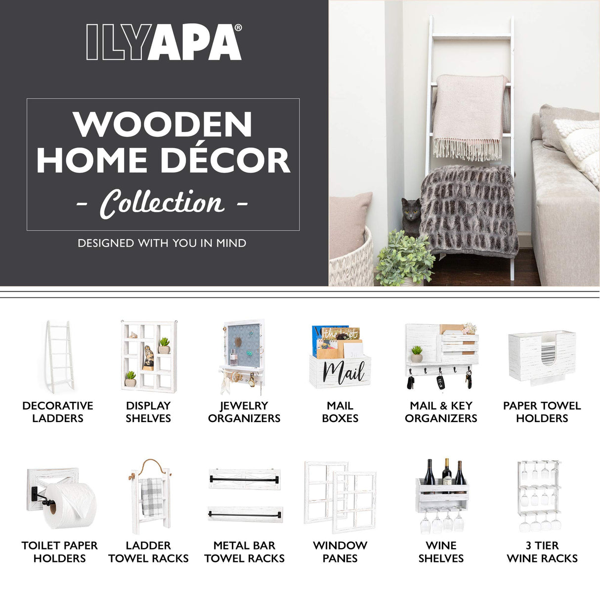 Ilyapa Window Frame Wall Decor 2 Pack - Large 18x22 Inch Rustic White Wood Window Pane Country Farmhouse Decorations Ilyapa