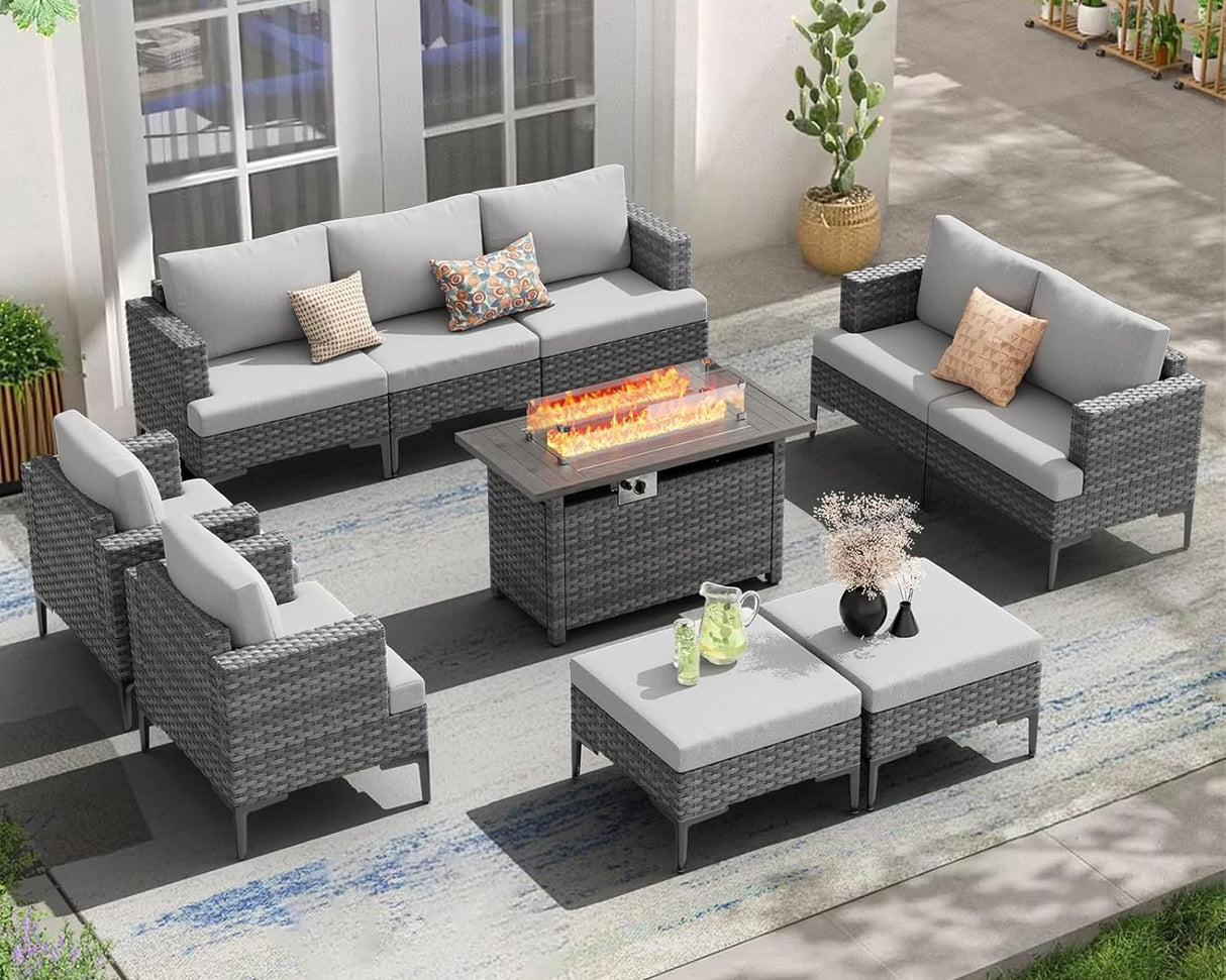 10 Pieces Patio Sectional Furniture Set with 44" Propane Fire Pit Table, 60000BTU Wicker Outdoor Sectional Coversation Set, Thick Cushion Deep Seat, Outdoor Furniture for Porch,Backyard,Deck (Grey) ABCASA