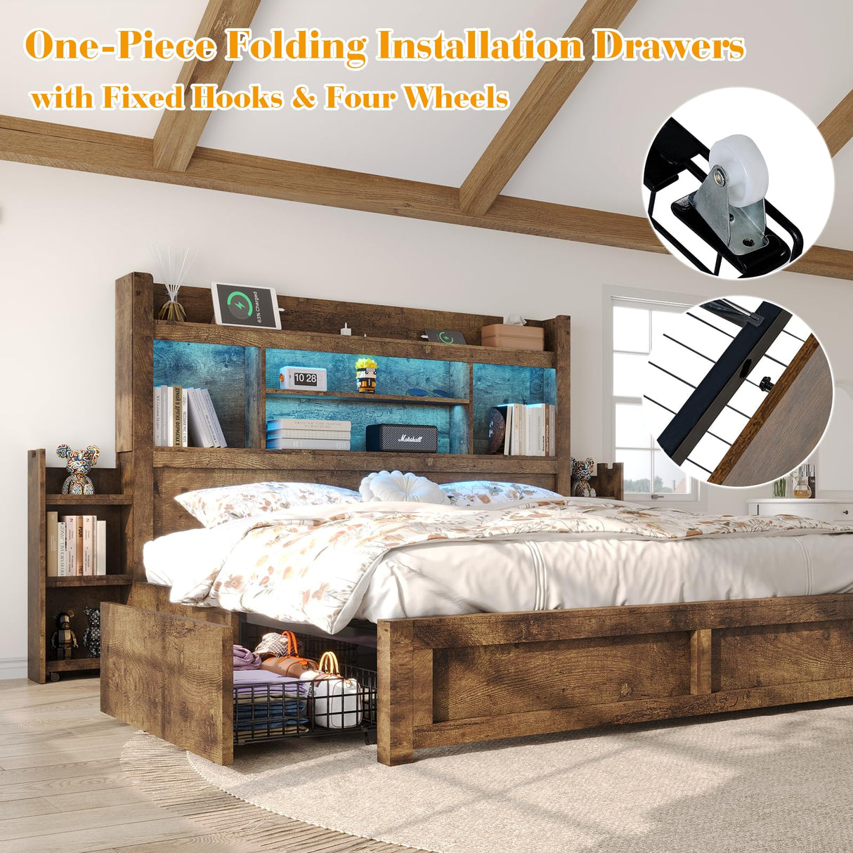 LUXOAK Full Bed Frame with 49.6" Bookcase Headboard & 2 Bedside Stoage Racks & 4 Drawers, Farmhouse Wood Bed Frame with RGB LED & Charging Station, No Box Spring Needed, Rustic Brown LUXOAK