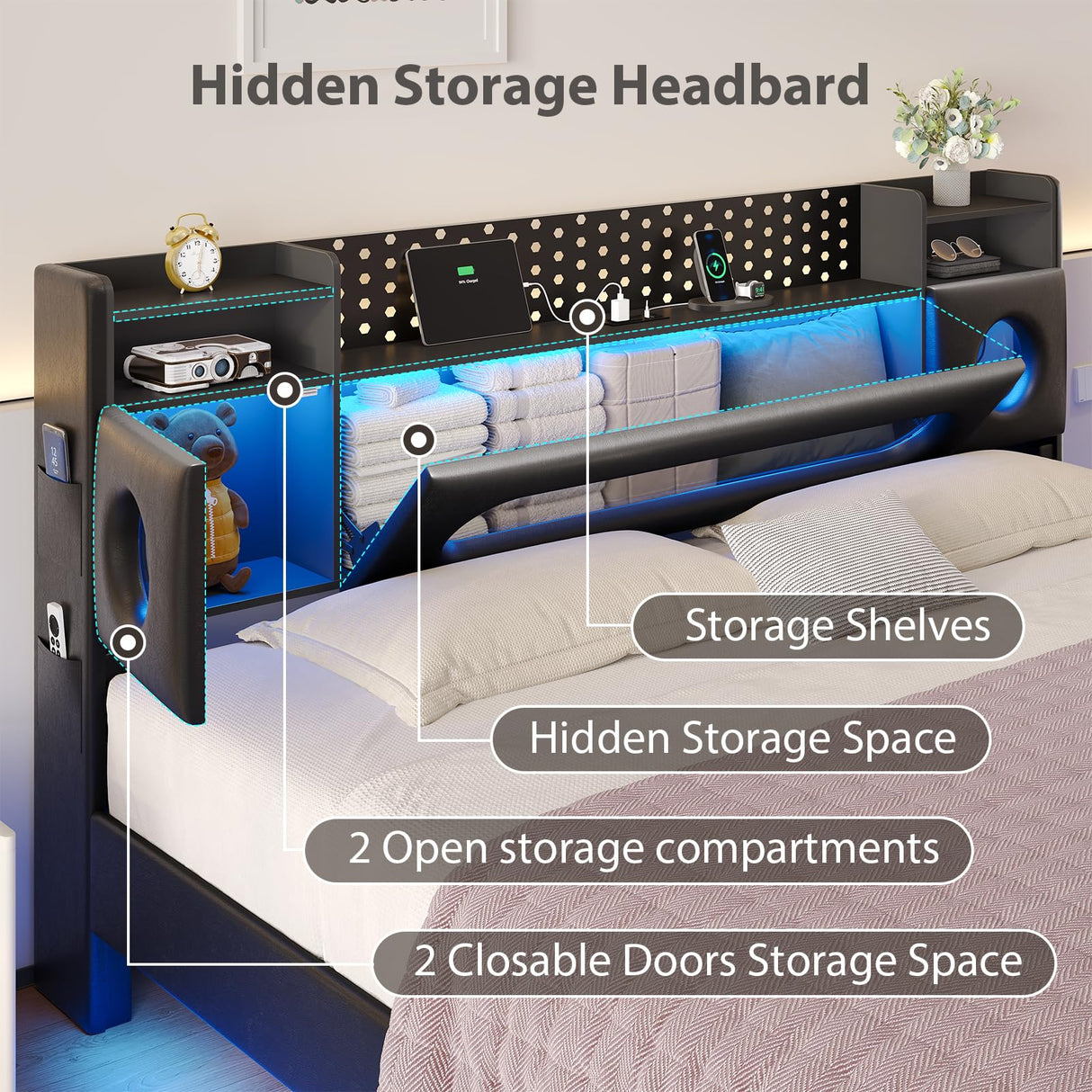 busyaeh Floating Bed Frame King with Storage & Headboard, Platform Frame with LED Lights, Upholstered King Size Floating Bed with Headboard, No Box Spring Needed, Noise-Free, Easy Assembly, PU Black busyaeh