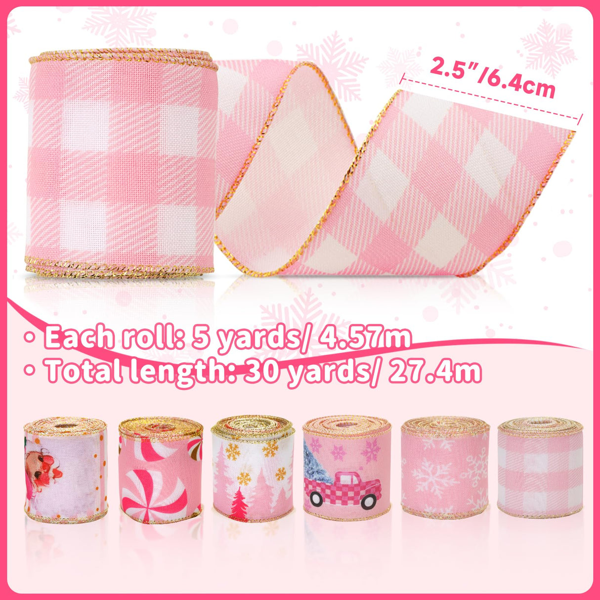 KINGLAKE Christmas Ribbon Wired 2.5 Inch Pink Christmas Wired Edge Ribbon,30 Yards Christmas Tree Ribbon Santa Snowflake Candy Cane Plaid Ribbon for Bow Wreaths Gift Wrapping Xmas Decorations Crafts KINGLAKE