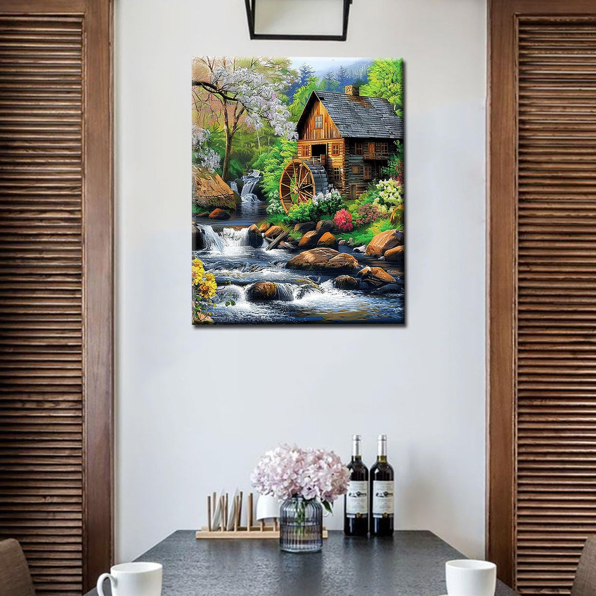 Paint by Number Forest Hut Surrounded by Flowers and Trees Waterfall DIY Painting On Canvas with Brushes Acrylic Paints Perfect for Paint by Numbers for Adults and Kids Students Beginner 16x20 Inch Tucocoo