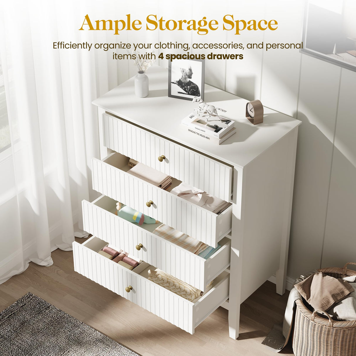 RoyalCraft White Fluted 4 Drawer Dresser for Bedroom, Modern Chest of Drawers, Wood Dresser for Storage Clothes, Wooden Storage Cabinet Nightstand for Bedroom, Hallway, Living Room, Entryway RoyalCraft