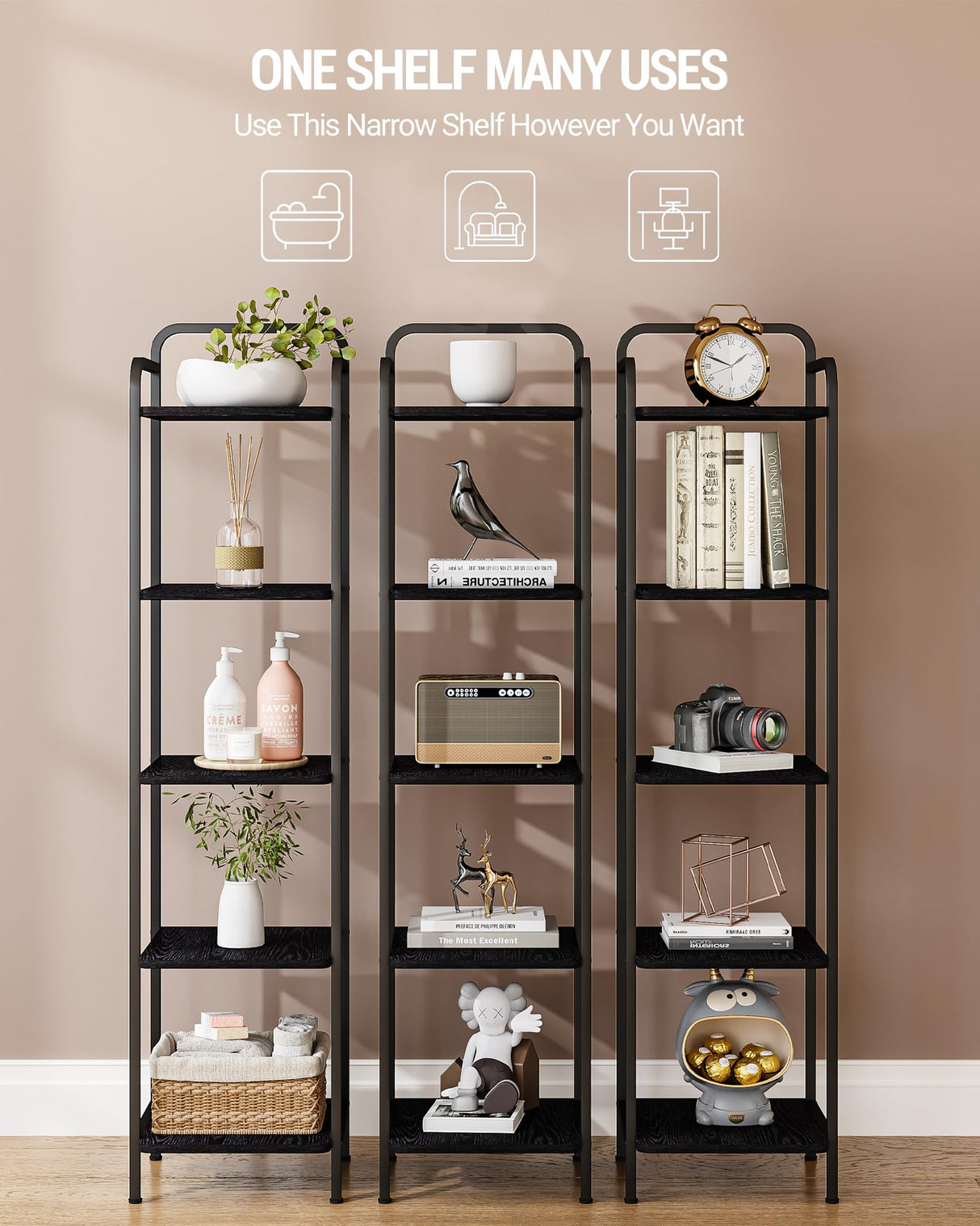 Hzuaneri Bookcase Bookshelf, Narrow Book Shelf, Industrial Corner Shelf Storage Organizer, Slim Shelving Unit for Home Office, Living Room, Bedroom, Kitchen, 5-Tier Black BC24504B Hzuaneri