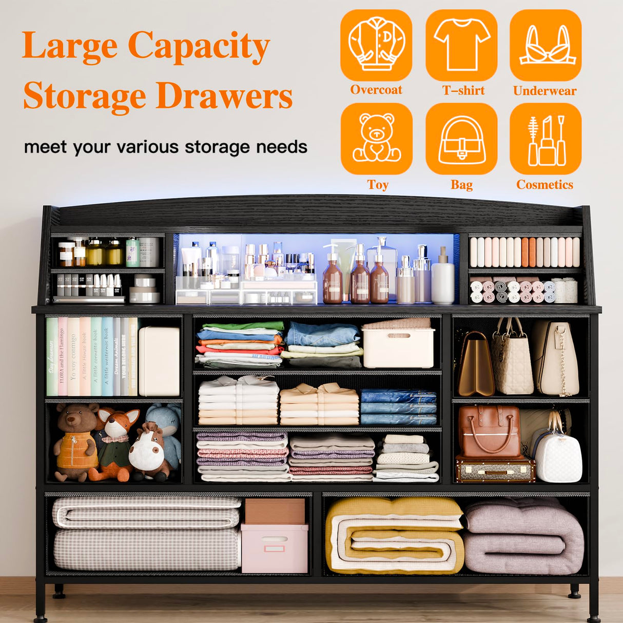 Fixwal Black Nursery Dresser for Bedroom with 13 Drawers, Fabric Chest of Drawers with PU Finish for Kids, Boys, Adults, Nursery, Living Room, Closet, Entryway, Hallway (No LED Lights) Fixwal