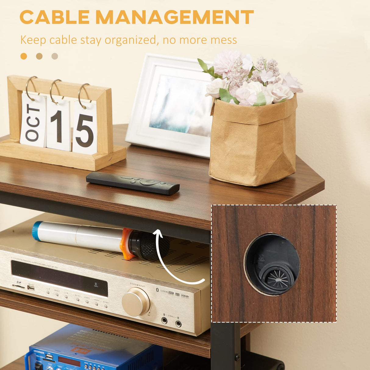 HOMCOM TV Stand, AV Media Stand, Corner Audio Tower with Storage Shelves and Steel Frame, Living Room Storage, Brown HOMCOM