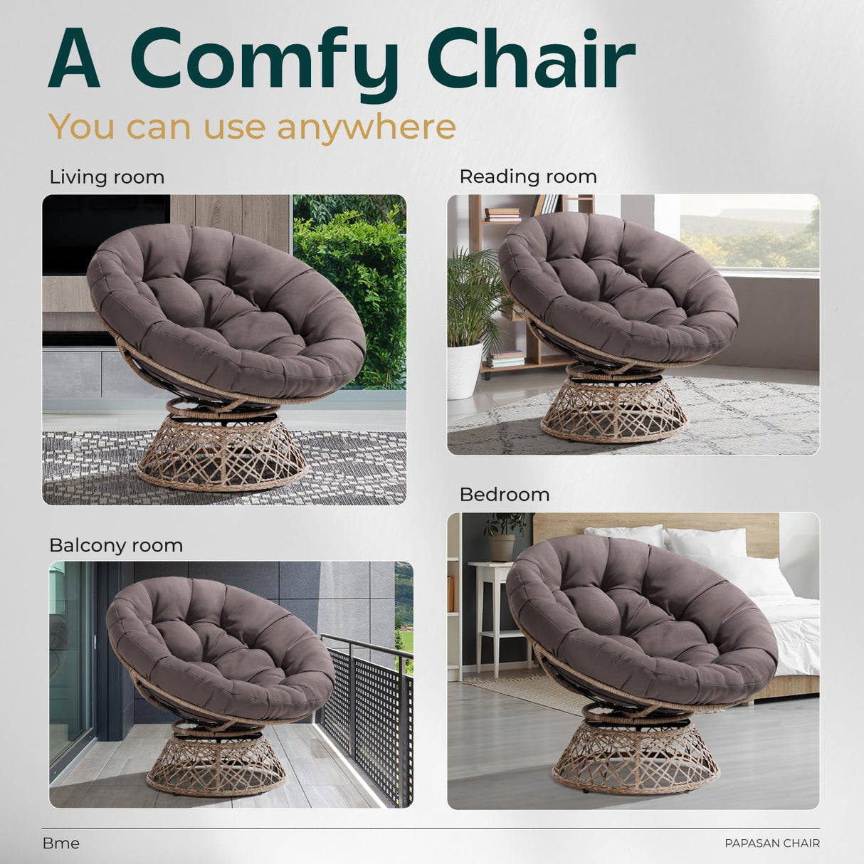 Bme 40" Ergonomic Wicker Papasan Chair with Soft Thick Density Fabric Cushion, High Capacity Steel Frame, 360 Degree Swivel for Living, Bedroom, Reading Room, Lounge Bme