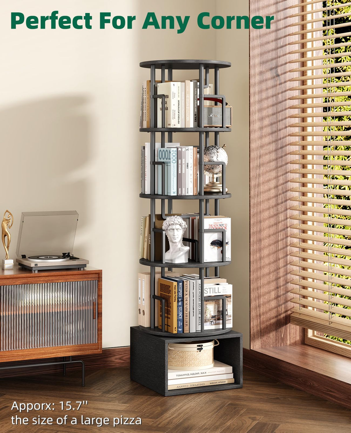 Kalrin 5 Tier Rotating Bookshelf with Extra Storage Cabinet, 360°Spinning Corner Bookshelf, Floor Standing Bookcase for Kids & Adult, Narrow Book Shelf for Bedroom Living Room, Pure Black Kalrin