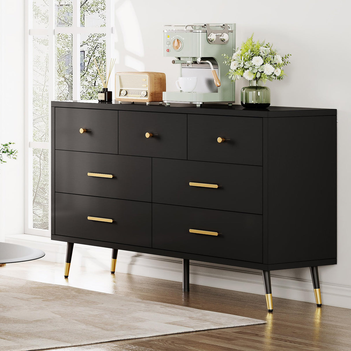 DWVO 7 Drawer Dresser,Black Wood Storage Dressers & Chests of Drawers,Gold Metal Handle & Anti-Tipping Device, Modern Double Dresser Storage,TV Cabinet for Bedrom DWVO