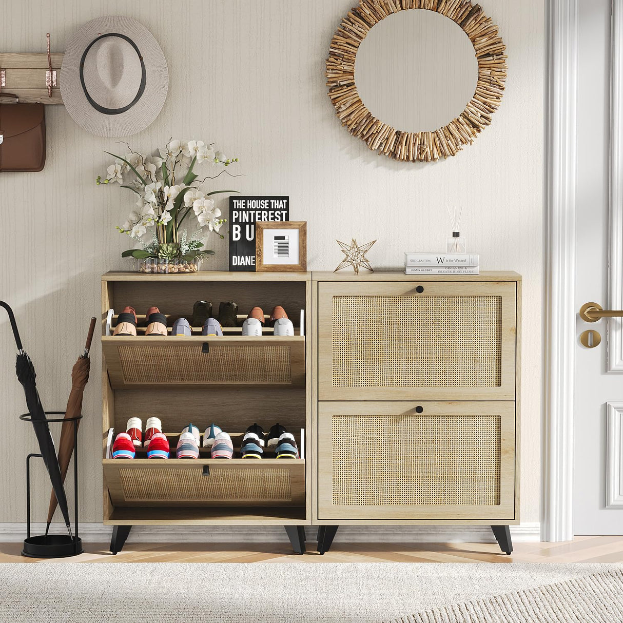 Angel Sar Rattan Shoe Cabinet for Entryway, Slim Shoe Storage Cabinet with 2 Flip Drawers, Hidden Shoe Organizer, Shoe Rack Cabinet with Metal Legs, Natural Wood Angel Sar