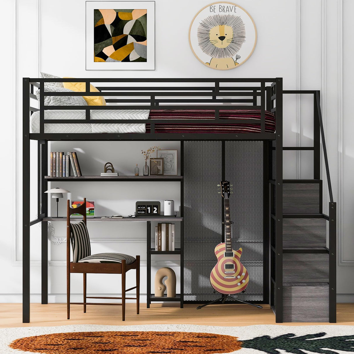 Harper & Bright Designs Full Size Loft Bed with Stairs & Desk, Metal Frame with Storage Shelves and Wardrobe, Heavy-Duty for Adults, Teens and Kids, Black Harper & Bright Designs