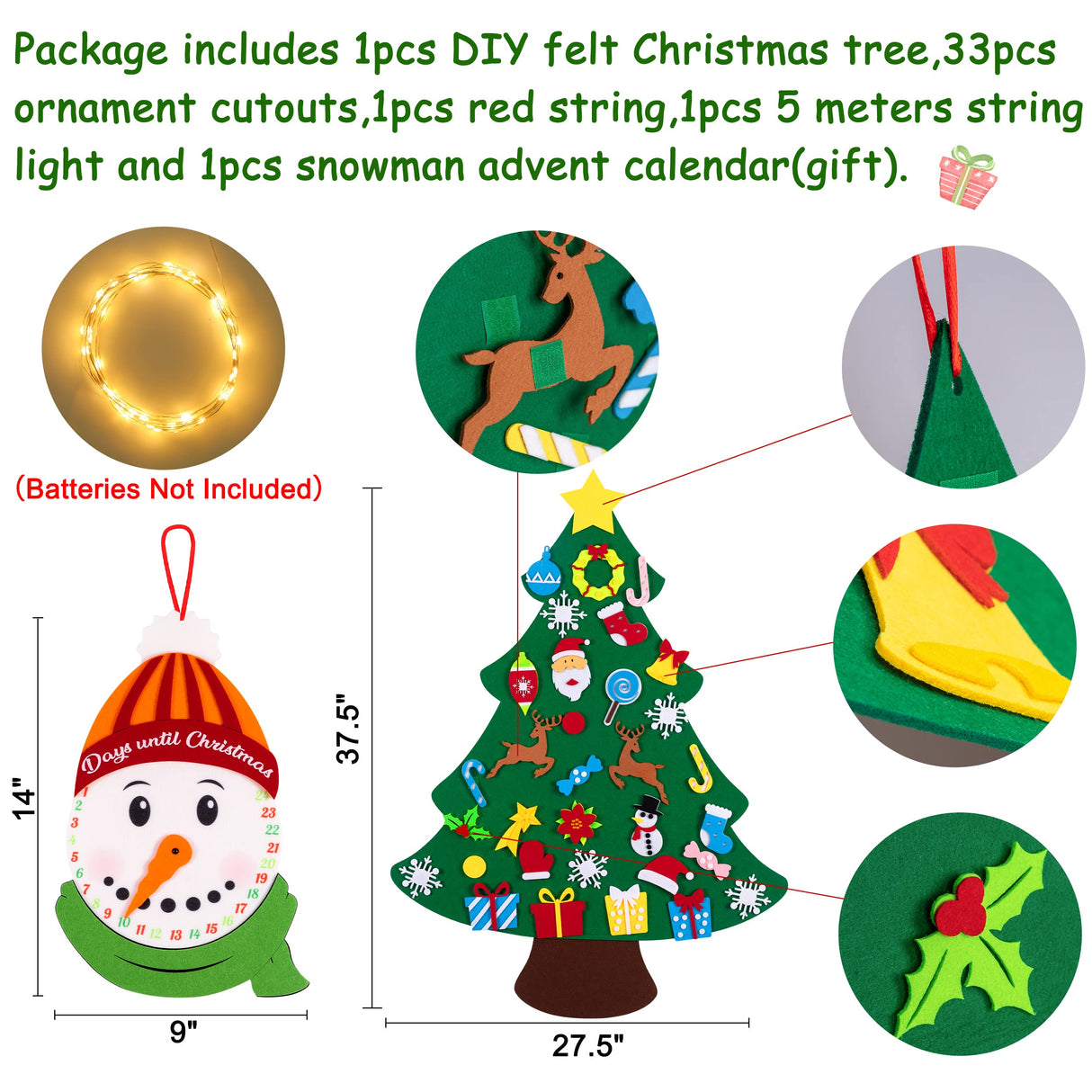 jollylife 3ft DIY Felt Christmas Tree Set + Snowman Advent Calendar - Xmas Decorations Wall Hanging 33 Ornaments Kids Gifts Party Supplies jollylife