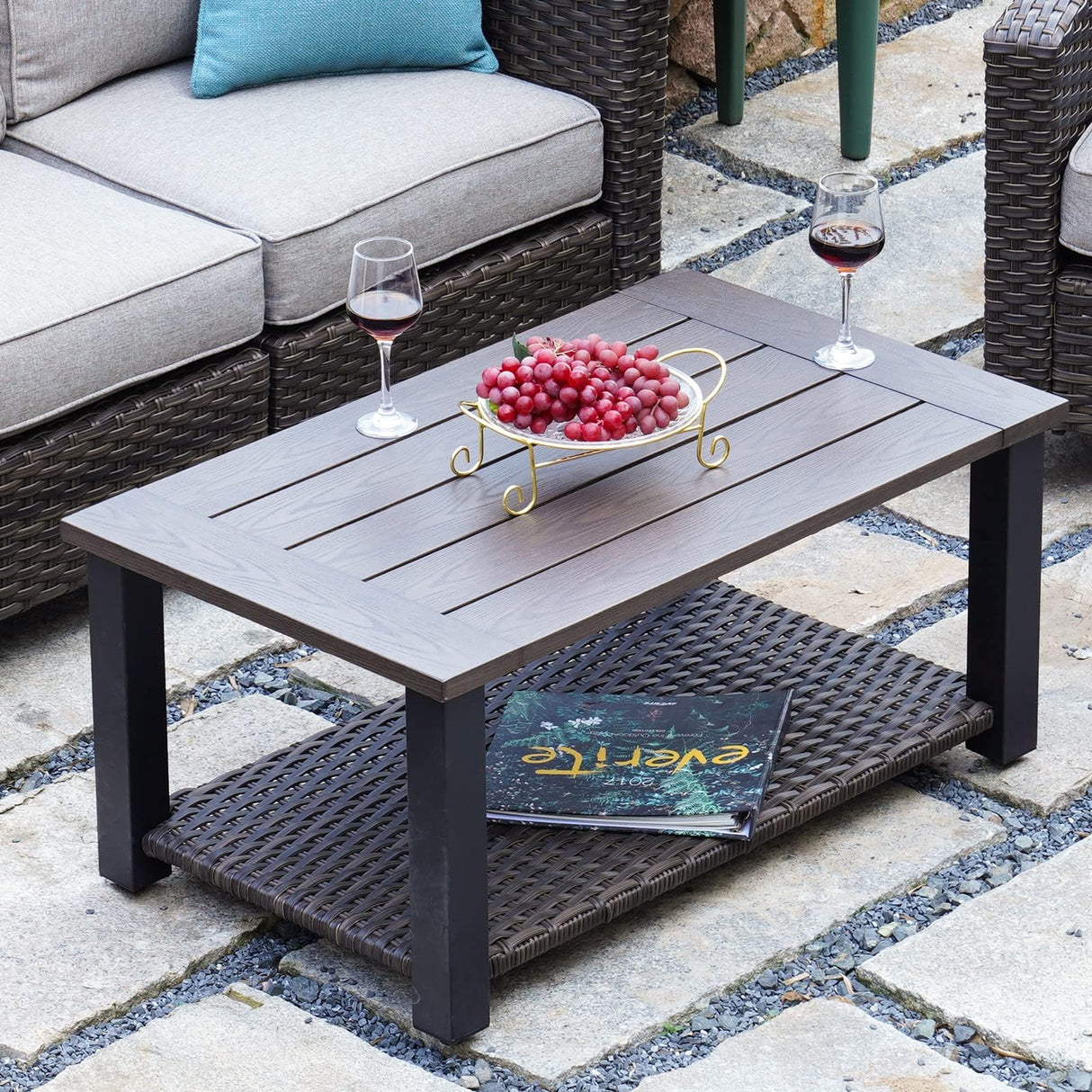 Grand patio Outdoor Coffee Table with Wicker Shelf Storage, 40-inch Rectangle Modern Patio Coffee Table with Faux Wood Tabletop, Fits with Outdoor Conversation Set Grand patio