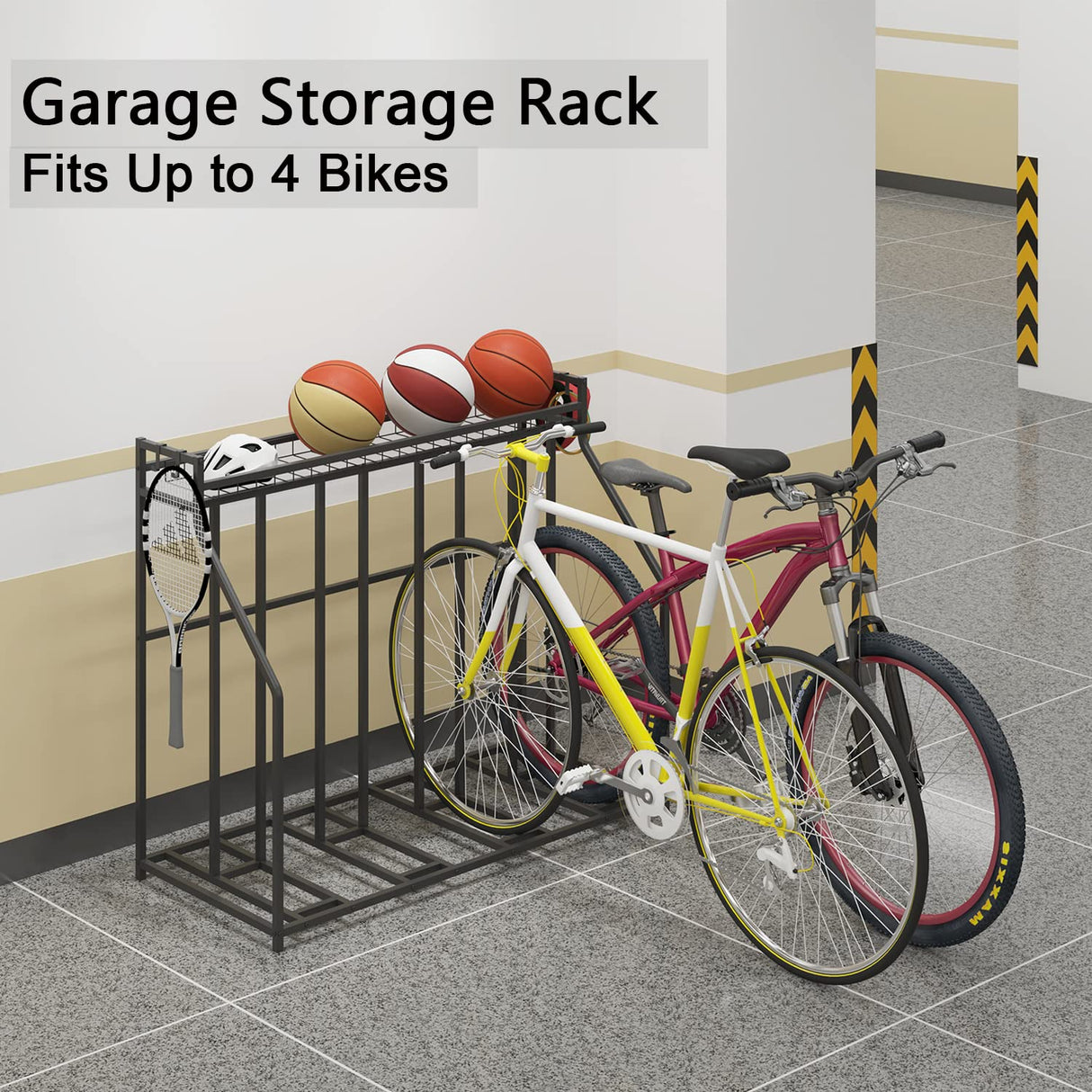 YiLifebes Stand Bike Racks for Garage, 4 Bike Stand Rack with Storage Basket, Metal Floor Bike Parking, Garage Organizer Suitable for Mountain, Hybrid, Adult and Kids Bikes YiLifebes