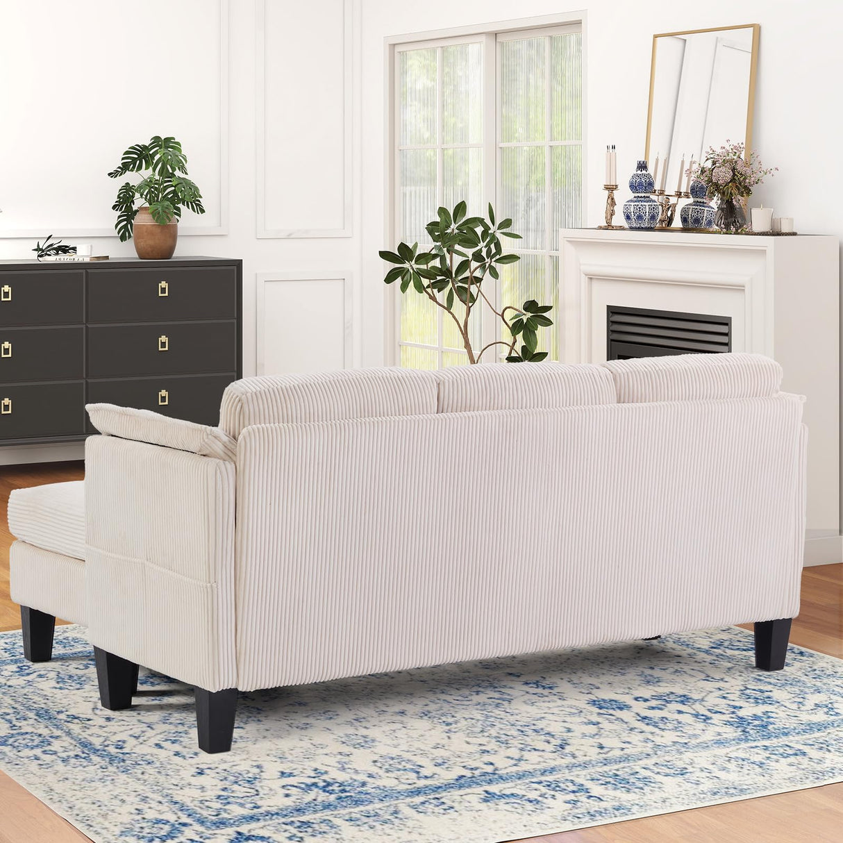 HAOMARKETS Modern Convertible L Shaped Sofa with Storage Ottoman,3-Seater Corduroy Fabric Couch with Reversible Chaise Lounge, Sectional Couches for Small Spaces, Living Room, Apartment, Beige HAOMARKETS