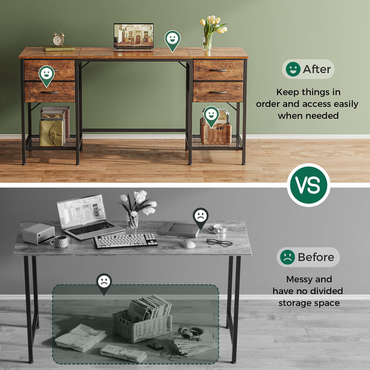 Huuger 63 Inch Computer Desk with 4 Drawers, Office Desk with Mesh Shelf, Gaming Desk, Large Storage, Writing Desk Work Desk for Home Office, Study, Bedroom, Work from Home, Rustic Brown Huuger