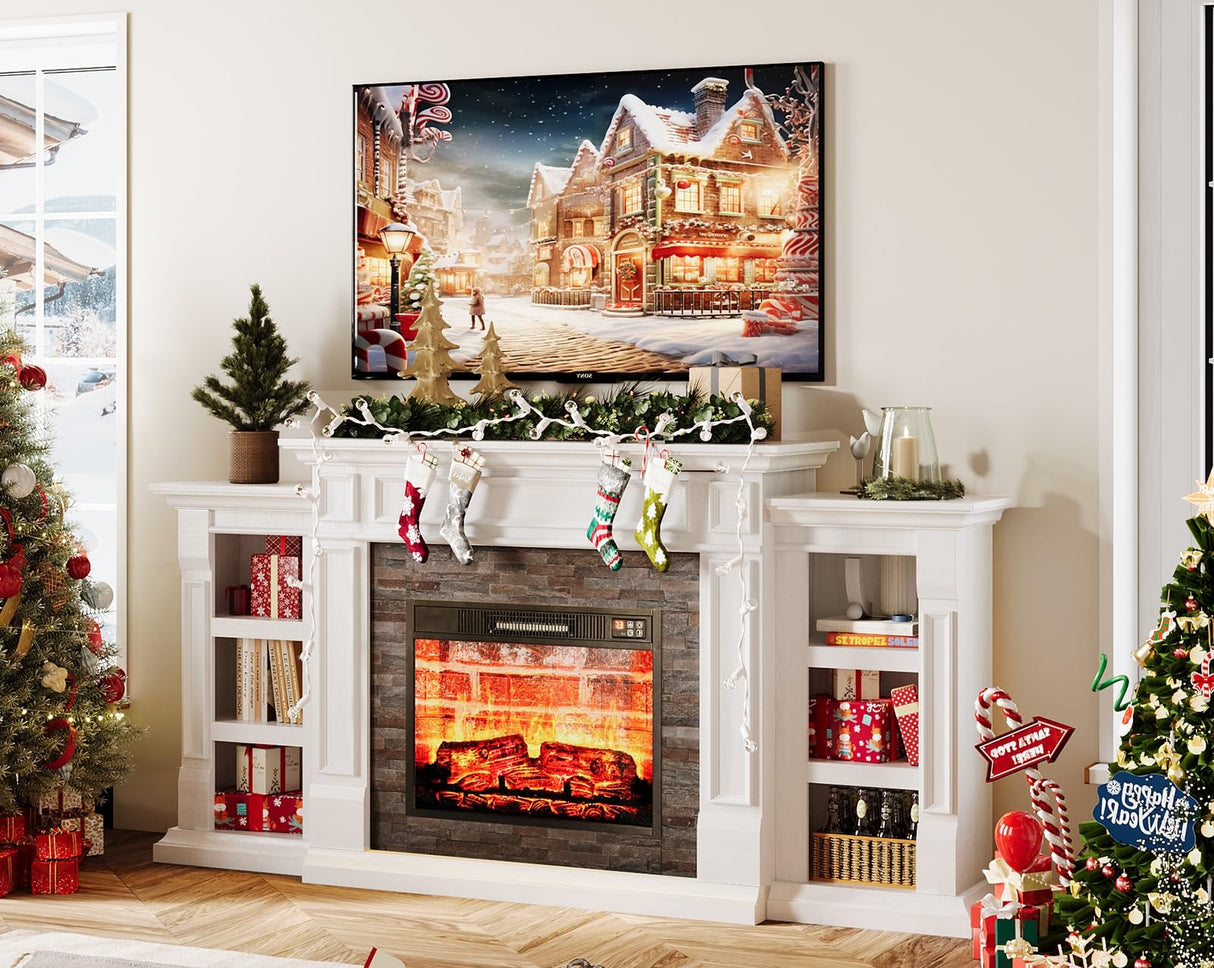Naice 70" Electric Fireplace with Mantel and Cabinets, Fireplace TV Stand for Living Room Bedroom, Stacked Stone Surround and Remote Control 3D Realistic Flame Naice