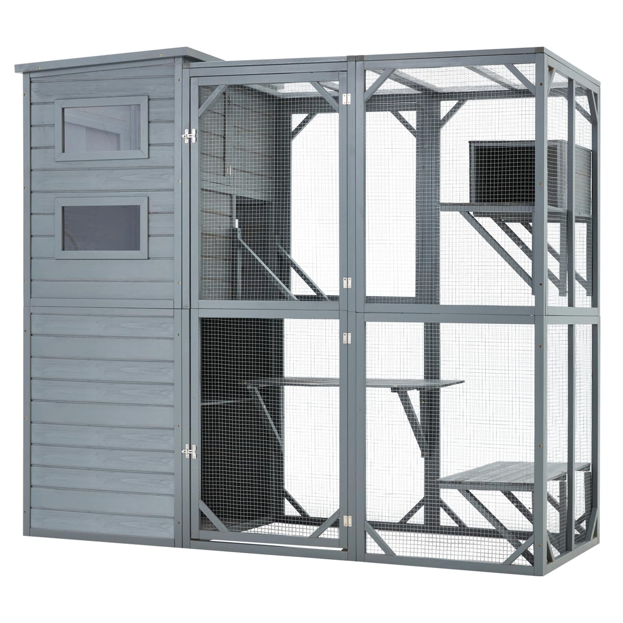 MXSUNH Large Outdoor Cat Catio Pine Weatherproof Cat Enclosure with 3 Resting Boxes, 3 Platforms,5 Windows,70" H*32" W*77" L,Gery MXSUNH