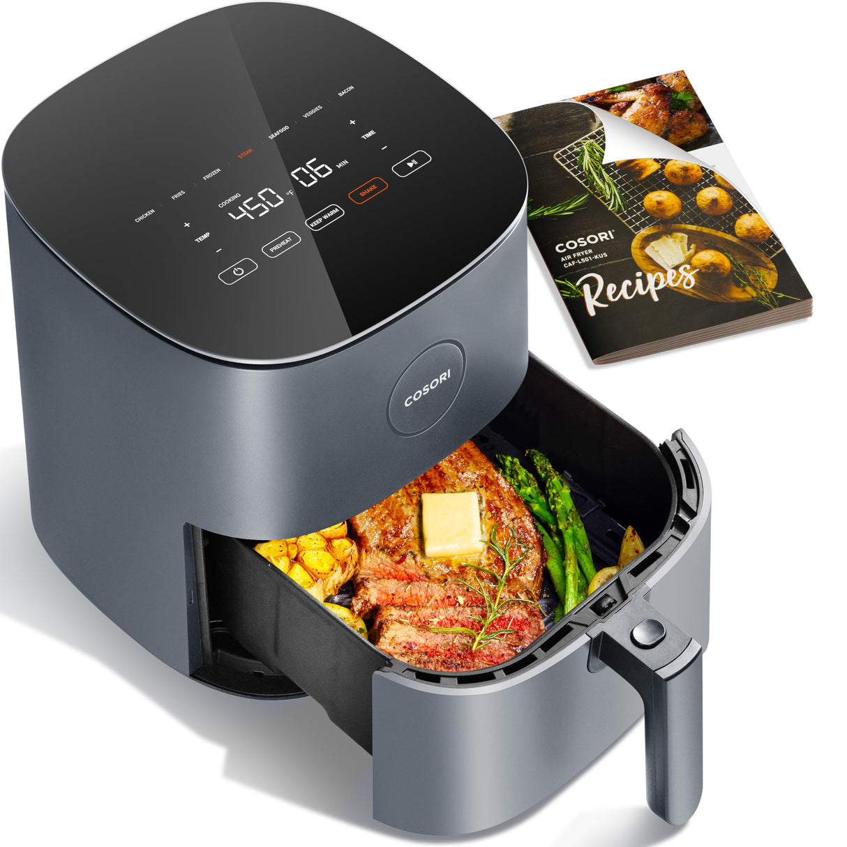 COSORI Air Fryer 9-in-1, Compact 5-Qt, Perect for Meat Enthusiasts with 450ยฐF Max Heat Function, 130+ In-App Recipes, Little to No Oil, Easy Clean Glass Touch Panel & Nonstick Basket, Gray COSORI