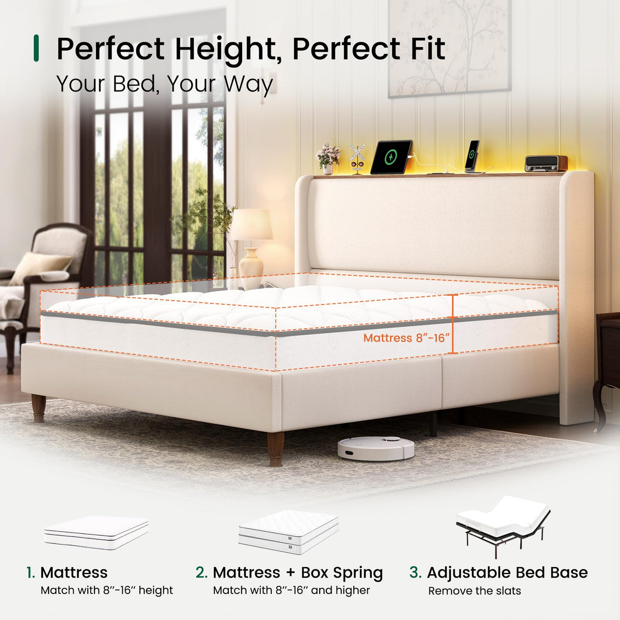 LARMACE King Size Bed Frame with LED Lights and Charging Station Linen Upholstered Platform Bed Frame with 51.2" Tall Wingback Headboard and Storage Shelf, No Box Spring Needed, Easy Assembly, Beige LARMACE