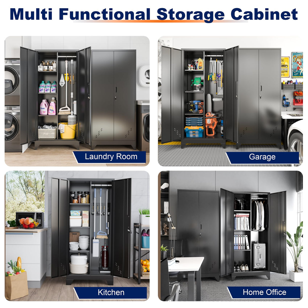 RGGCABINET Metal Storage Cabinet, Black Broom Storage Cabinets with Doors and Shelves, Tall Garage Tool Cabinet, Lockable Cleaning Closet Storage Cabinet for Home, Office, Laundry Room, Warehouses RGGCABINET