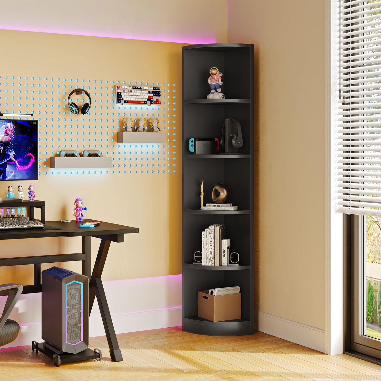 YITAHOME 5-Tier Black Corner Bookshelf - Modern Free Standing Display Bookcase YITAHOME