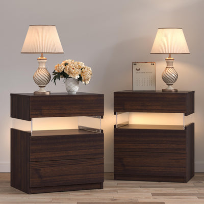 Bingoday Nightstands Set of 2 LED Bedside Tables with 3 Wood Drawers LED Modern Night Stand with Acrylic Board for Bedroom Living Room