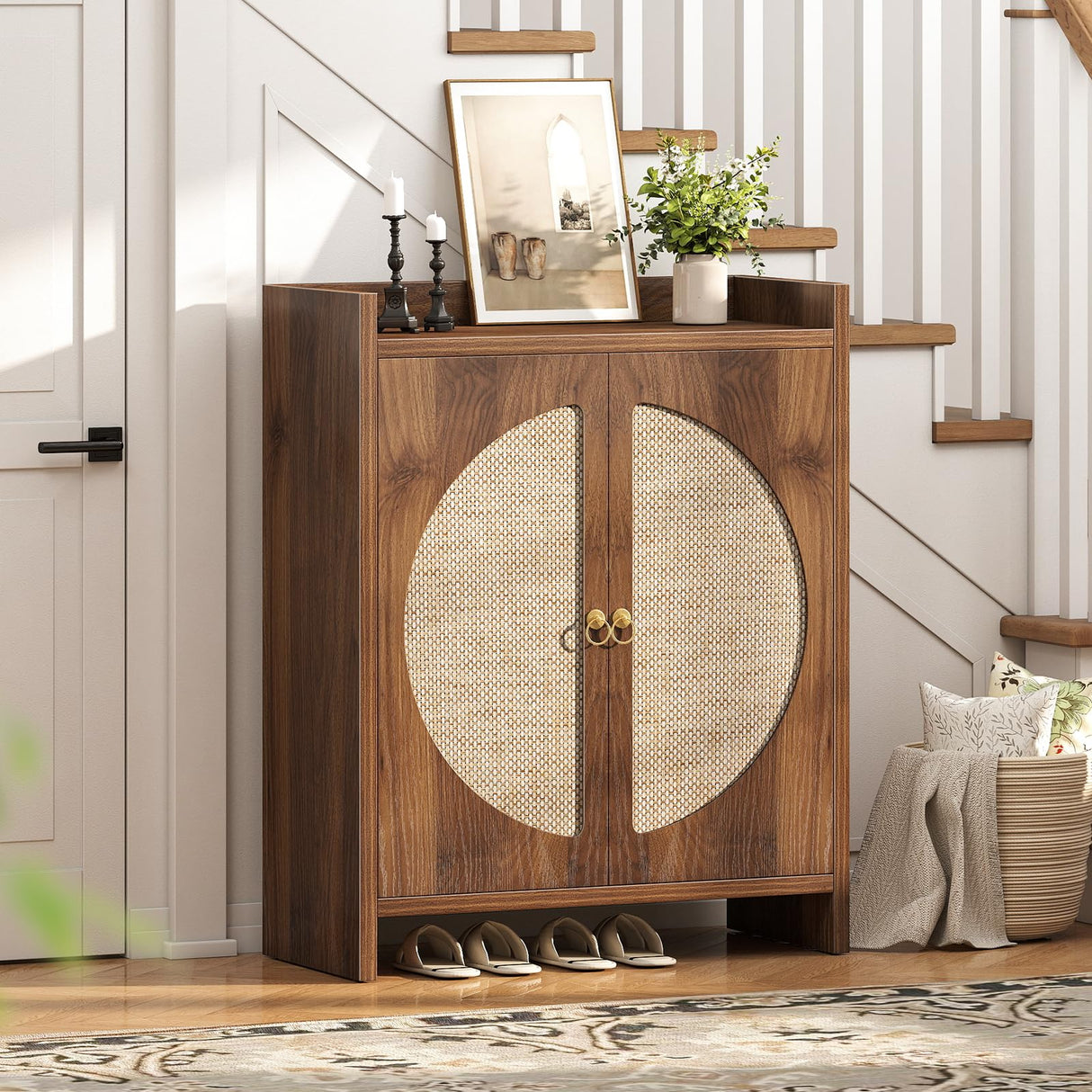 Curlaky Shoe Cabinet Storage for Entryway - Rattan Entry Way Shoe Storage Cabinet with Adjustable Shelves, Wood Shoe Organizer Cabinet, Accent Cabinet with Doors for Entrance Hallway Living Room Foyer Curlaky
