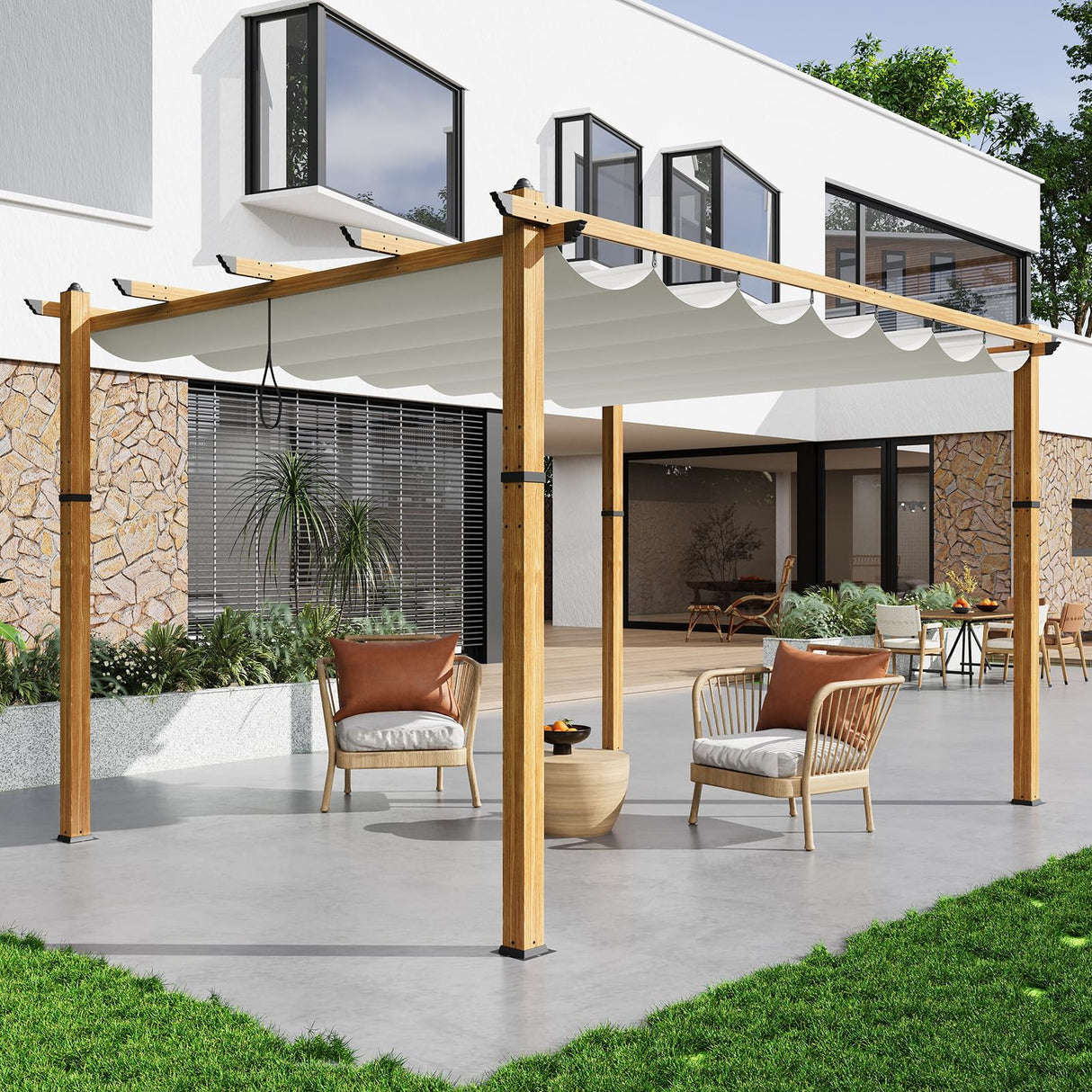 10x13 Ft Outdoor Retractable Pergola with Sun Shade Canopy, Heavy-Duty Aluminum Canopy Pergola Kits for Backyard, Faux Wood Grain Metal Patio Gazebo for Garden, Porch Beach, Grape Trellis - Beige Amenitlif