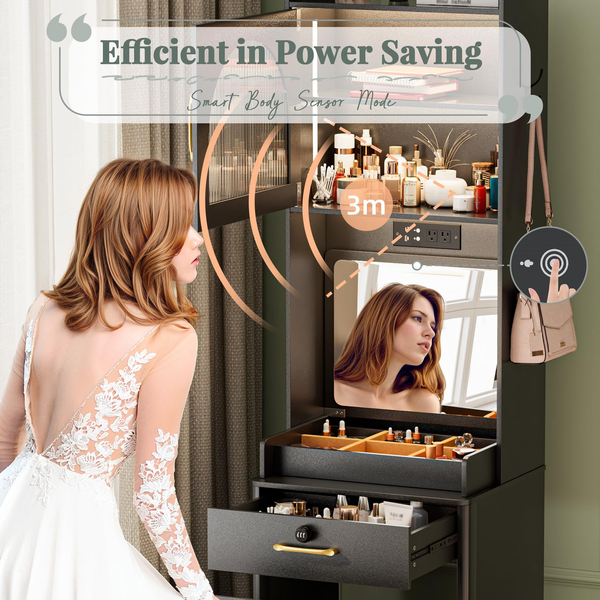 NUNU LAB Small Vanity Desk with Mirror and Lights, 3 in 1 Tall Makeup Vanity Set with Charging Station, Compact Mini Corner Vanity Set Dressing Table for Bedroom Checkroom NUNU LAB