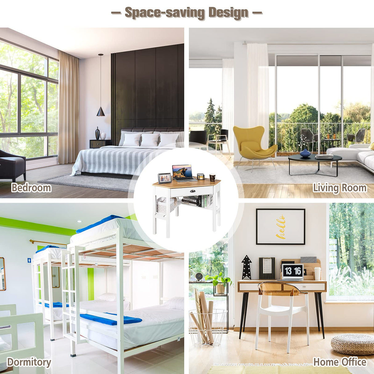 IFANNY Corner Desk, Triangle Desk with Drawers and Shelves, Wood Corner Console Table, Vanity Table with Storage, Corner Writing Desk, Small Corner Desks for Small Spaces (Natural & White) IFANNY