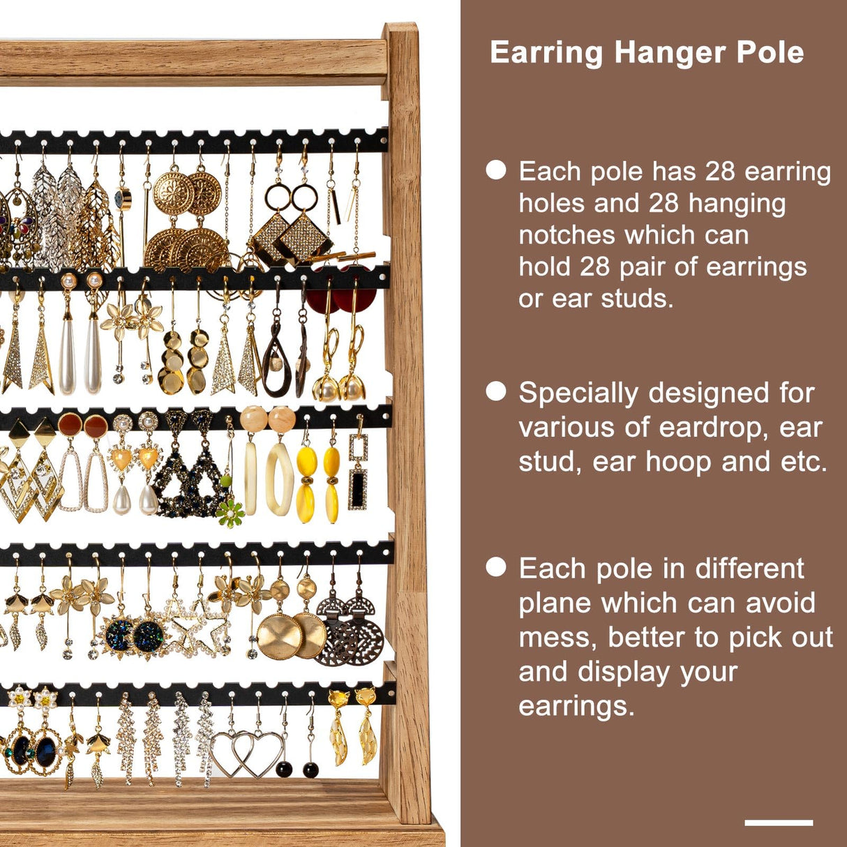 Poyilooo Earring Holder Organizer, Rustic Wood Earring Holder Stand, 5 Layer Jewelry Holder Organizer with 270 Earring Tree Holes Display Rack for Stud Earings & Hoop Earrings, Gifts for Women Poyilooo